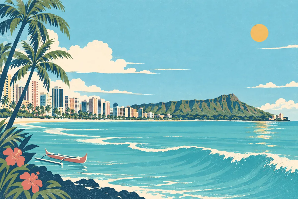 An illustrated Waikīkī shoreline, with palms, an outrigger canoe, and Lēʻahi across the water.